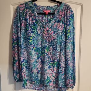 Lilly Pulitzer Blue and Pink Floral Elsa Blouse